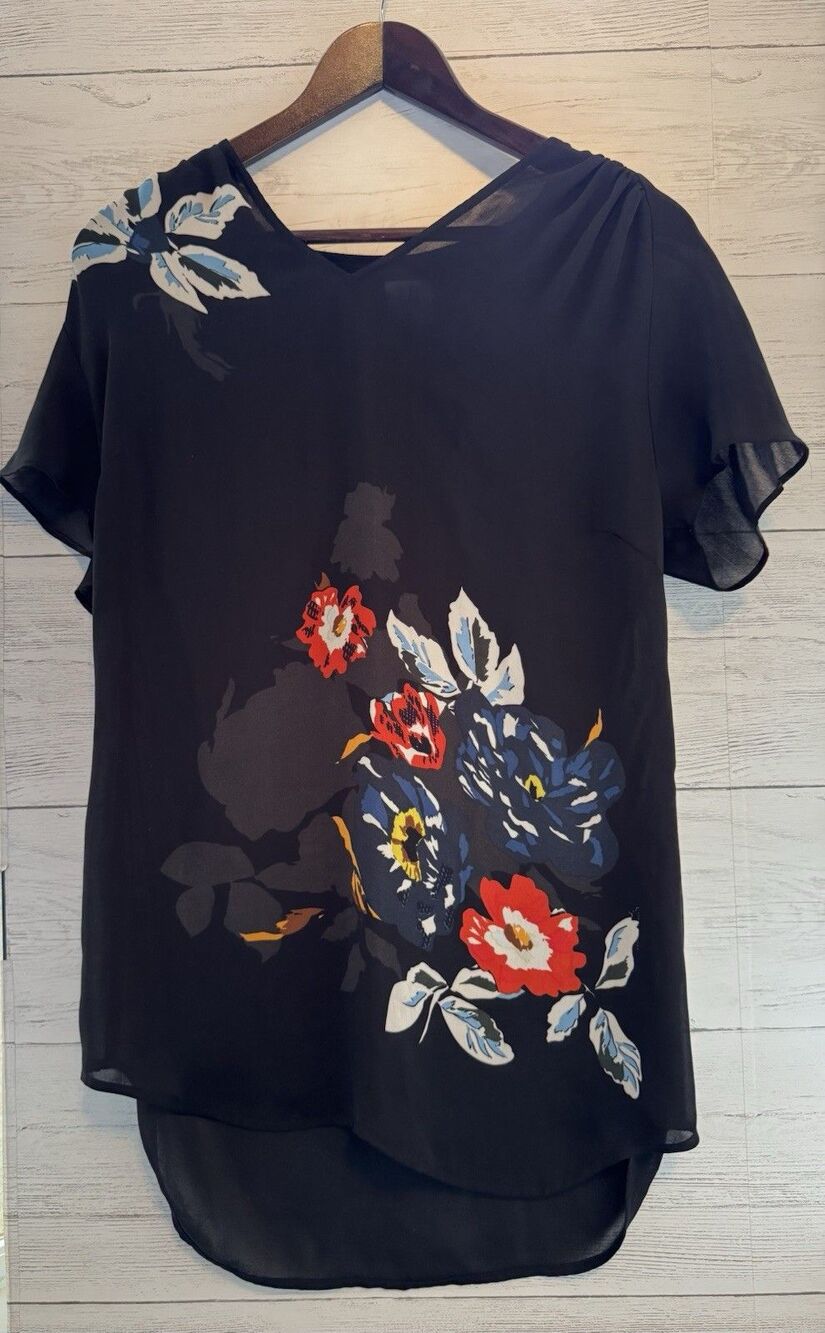 Cabi Women's XS Tunic Top Black Multicolor Floral Casual Sheer Shirt